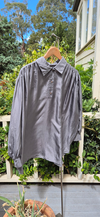 Silk Silver-Grey Gathered Blouse - preloved