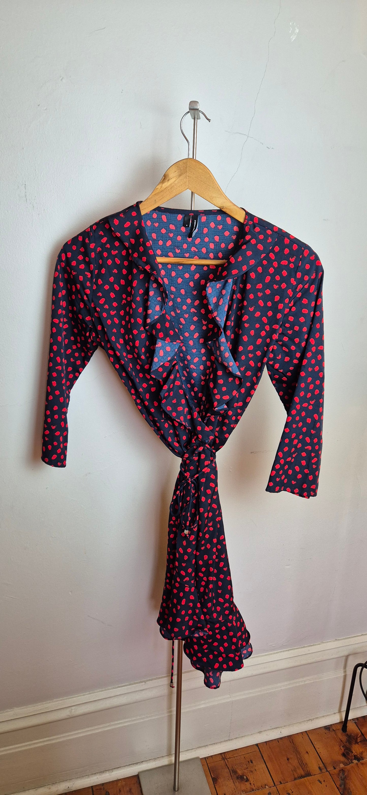 Red & Navy Polka Mini Wrap Dress