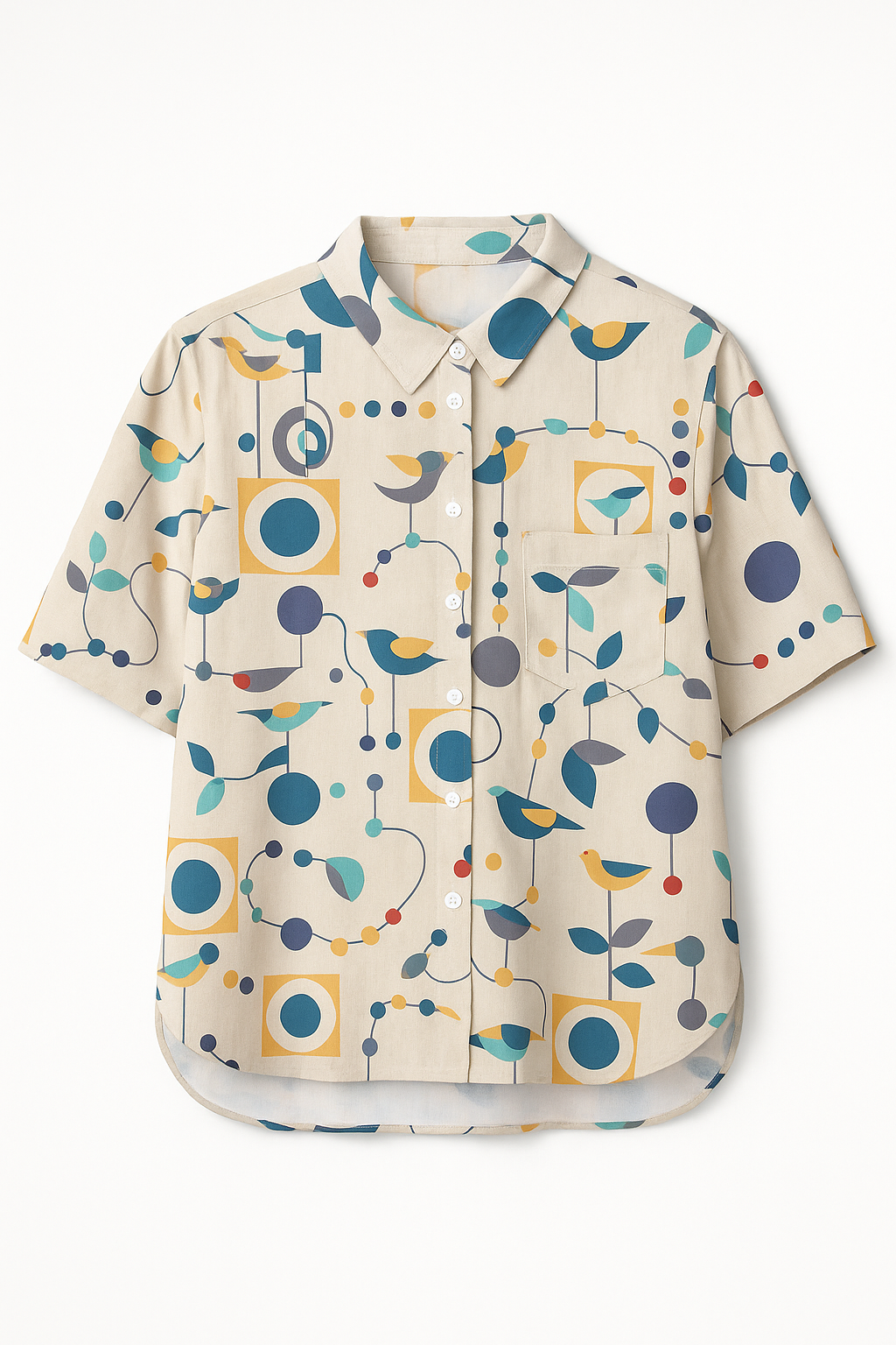Whimsical Geo-Bird Print Shirt