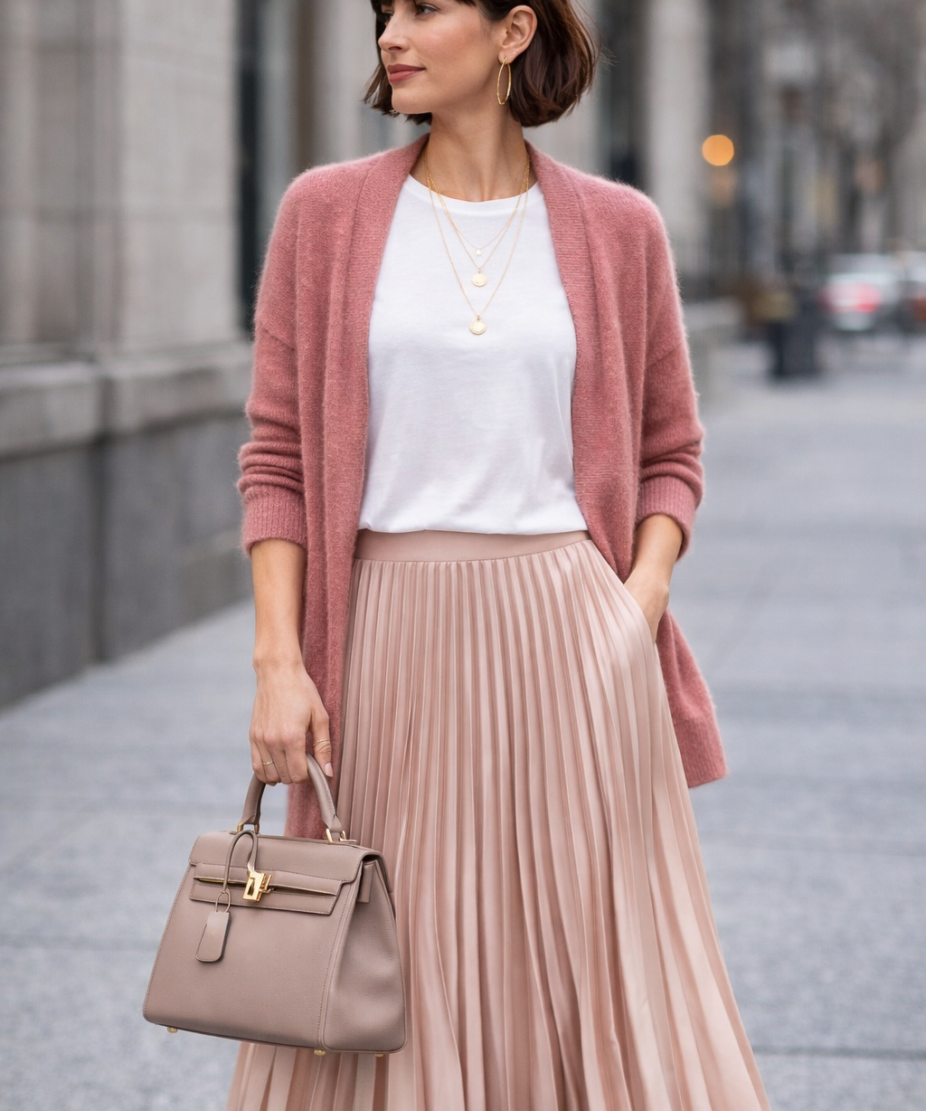 Satin Pleat Maxi Skirt in Dusty Pink