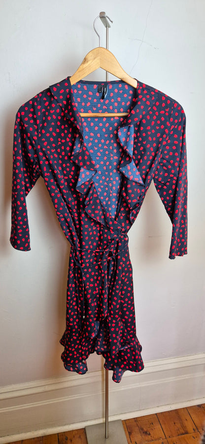 Red & Navy Polka Mini Wrap Dress