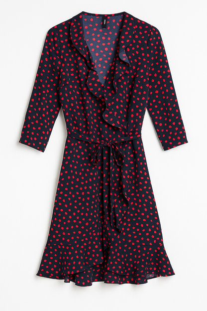 Red & Navy Polka Mini Wrap Dress