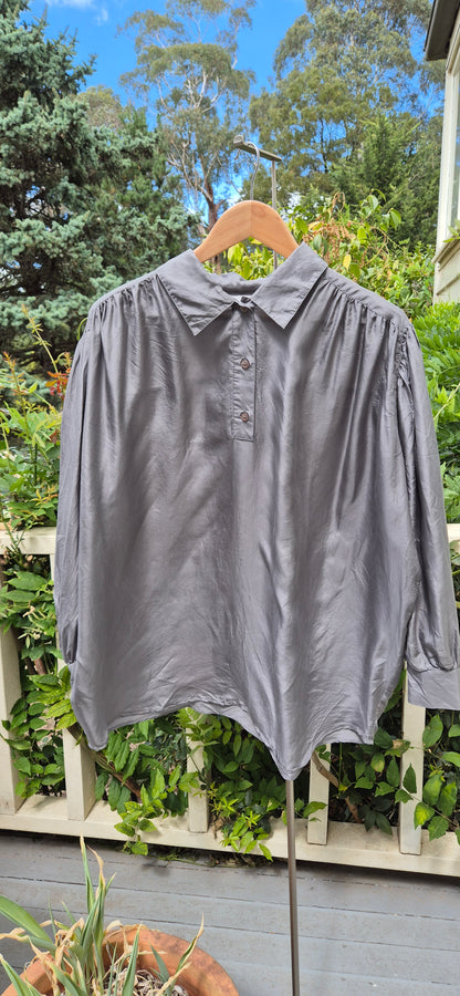 Silk Silver-Grey Gathered Blouse - preloved