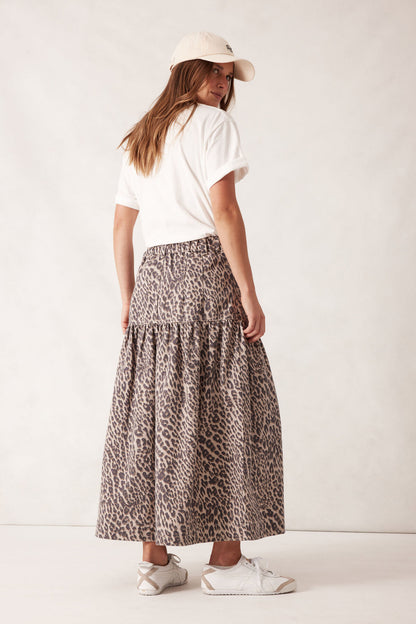 Drop Waist Denim Skirt in Leopard