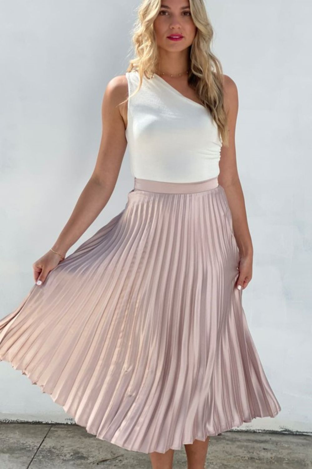 Satin Pleat Maxi Skirt in Dusty Pink